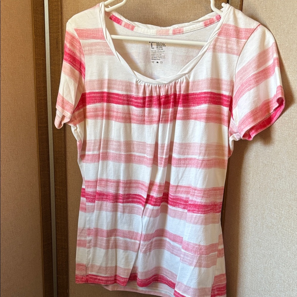 Hanes Striped Pink and White Women's Top large